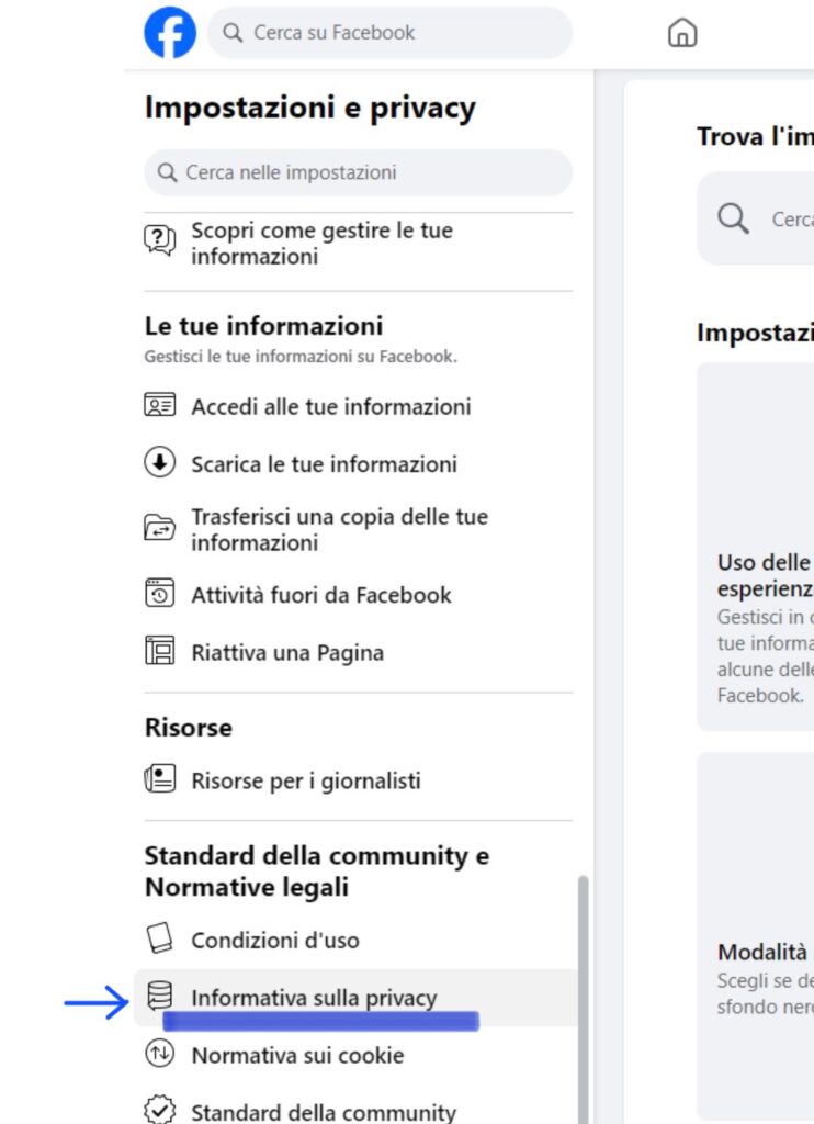 Schermata delle impostazioni e privacy di Facebook. Scorrere molto in basso tutto l'elenco fino a "Informativa sulla privacy" (selezionata).