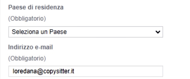 form Facebook su cui inserire Paese di residenza e indirizzo e-mail