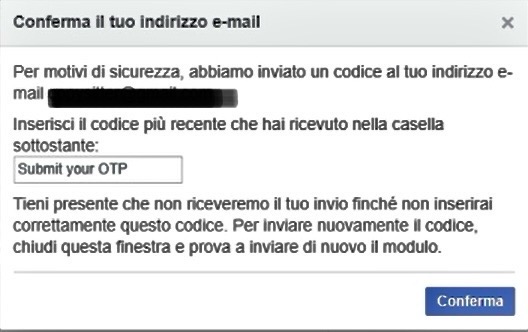 dettaglio pagina Facebook in cui inserire il codice OTP arrivato via mail per confermare la procedura per negare il consenso a Meta AI.