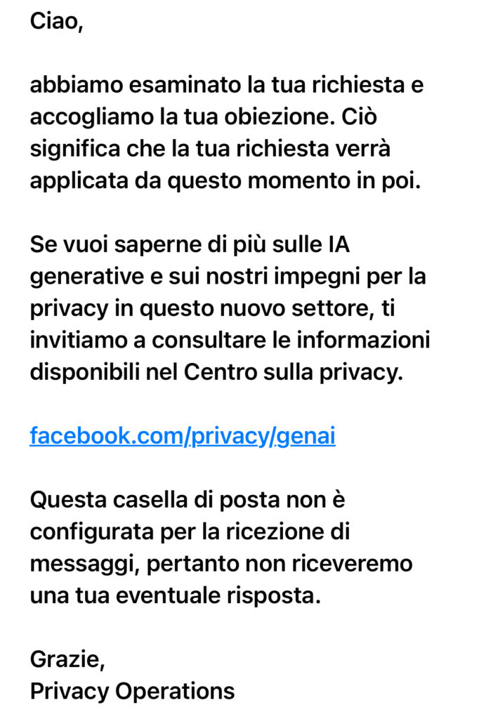 mail di Facebook che conferma l'esito della procedura per negare il tuo consenso a Meta AI