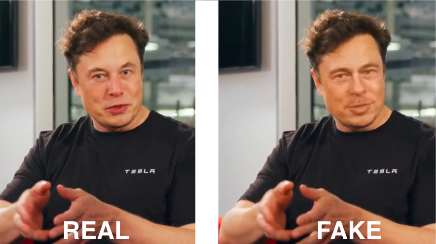 deepfake spiegato con immagini. A sinistra, foto reale di Elon Musk con scritta "real" in evidenza. A destra, foto con scritta "fake" in evidenza che raffigura la faccia di Brad Pitt perfettamente sovrapposta a quella di Musk.
 