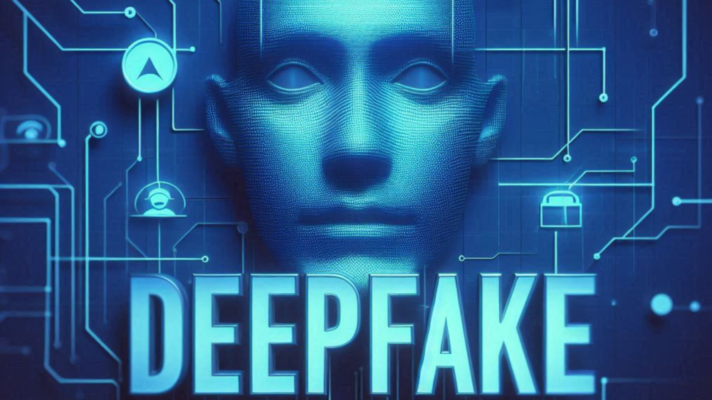 Parola "deepfake" in evidenza, su lato inferiore della foto. al centro, un volto non definito, simile a elemento robotico e quindi artificiale. Sfondo stile digitale e tecnologico con motivi simili a circuiti. tonalità blu.